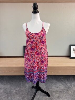 Floral Print Pink Mini Dress with Spaghetti Straps - EUC